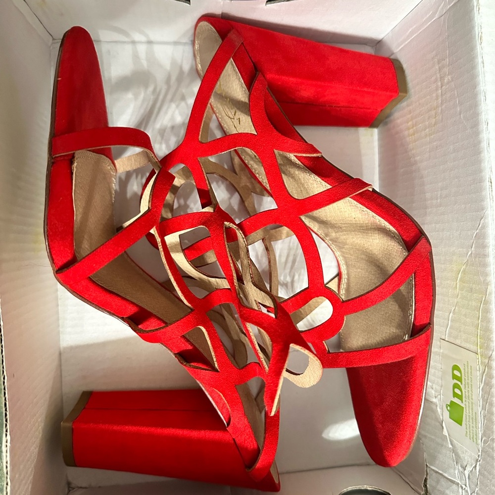 Olivia Ferguson Red Suede chunky heel, open toe, size 9